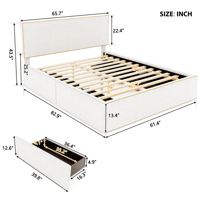 Streamdale White Upholstered Platform Bed with 4 Drawers and Golden Edge