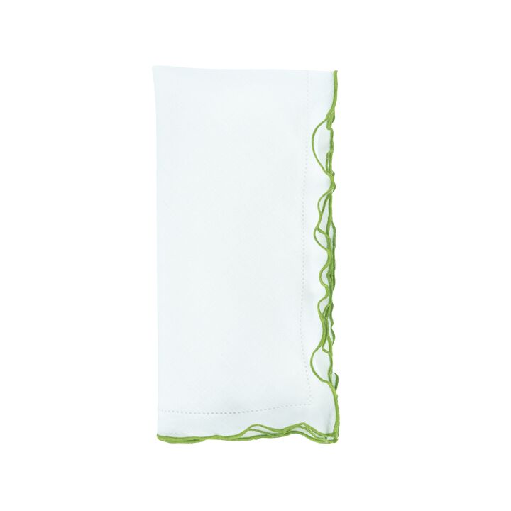 Linen Napkins With Green Ruffled Hemstitch Edges, Set of 4