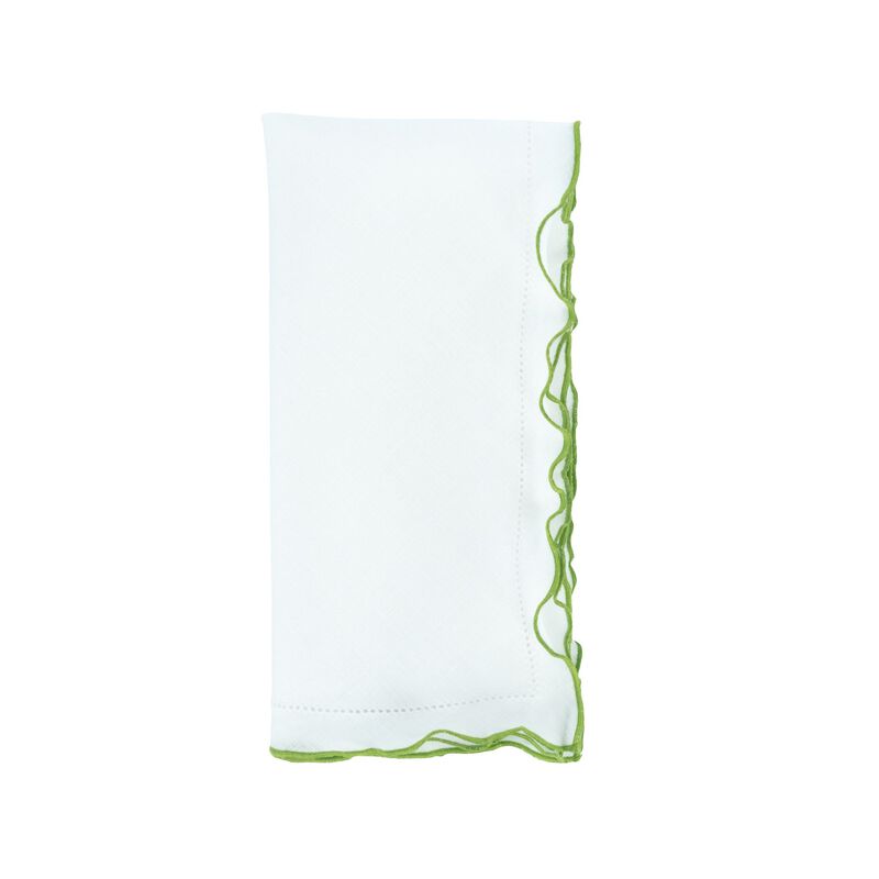 Linen Napkins With Green Ruffled Hemstitch Edges, Set of 4