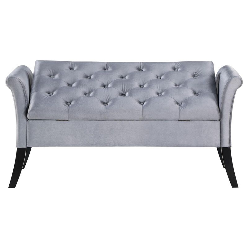 Ako 52 Inch Storage Bench, Button Tufting, Flared Arms, Gray Upholstery - Benzara