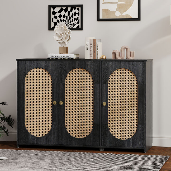 Clihome Retro 3-Door Sideboard with Large Storage Space Artificial Rattan Doors and Metal Handles, Accent Cabinet for Living Room and Hallway (Antique Black)