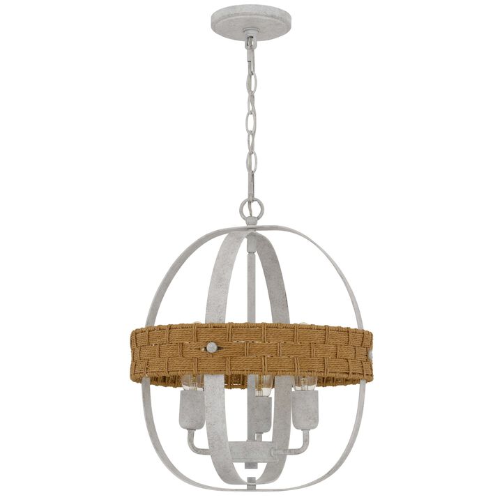 Baty Chandelier, 3 Light Rustic Rattan, Round White Metal 18 Inch - Benzara