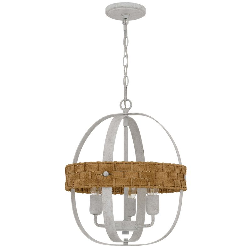 Baty Chandelier, 3 Light Rustic Rattan, Round White Metal 18 Inch - Benzara