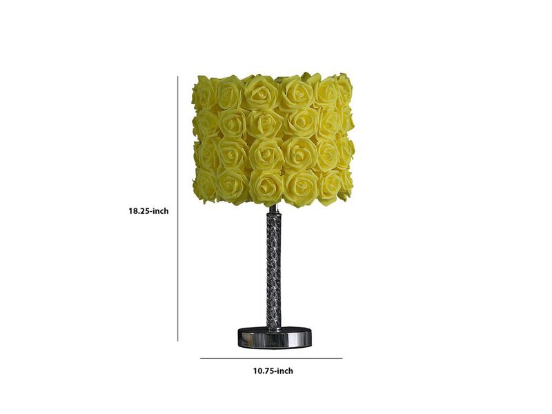 Bloom Roses Drum Shade Table Lamp with Twisted Acrylic Base, Yellow - Benzara