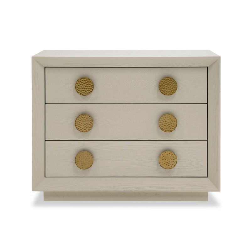 Cid Jorie 39 Inch Nightstand, 3 Drawers, Cream White Wood, Steel Handles - Benzara