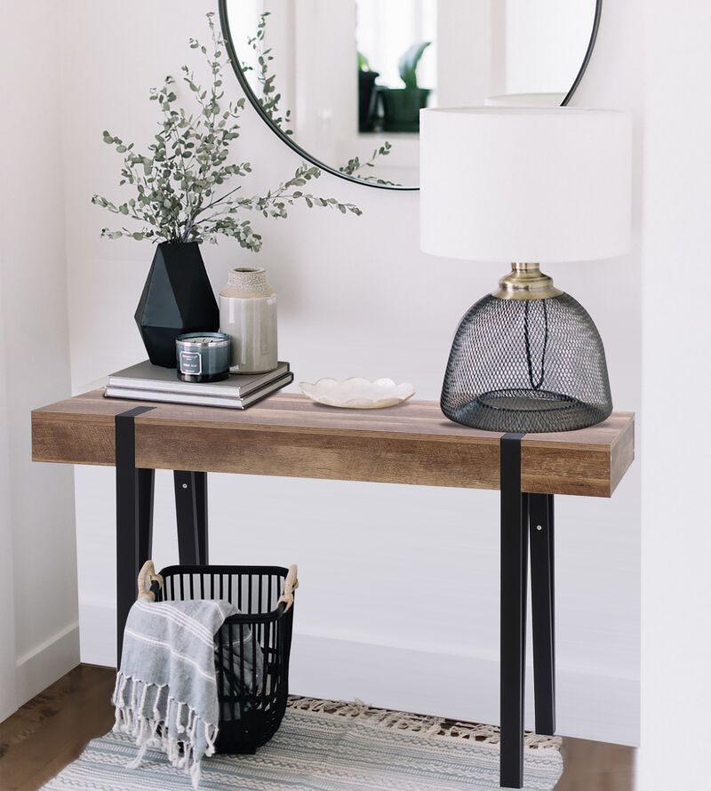 LuxenHome Oak Finish MDF Wood Black Metal Console Entry Table