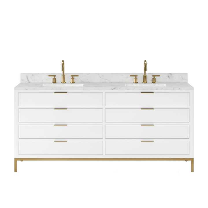 Bristol 72 In. Double Sink Carrara White Marble Countertop Bath Vanity in Pure White