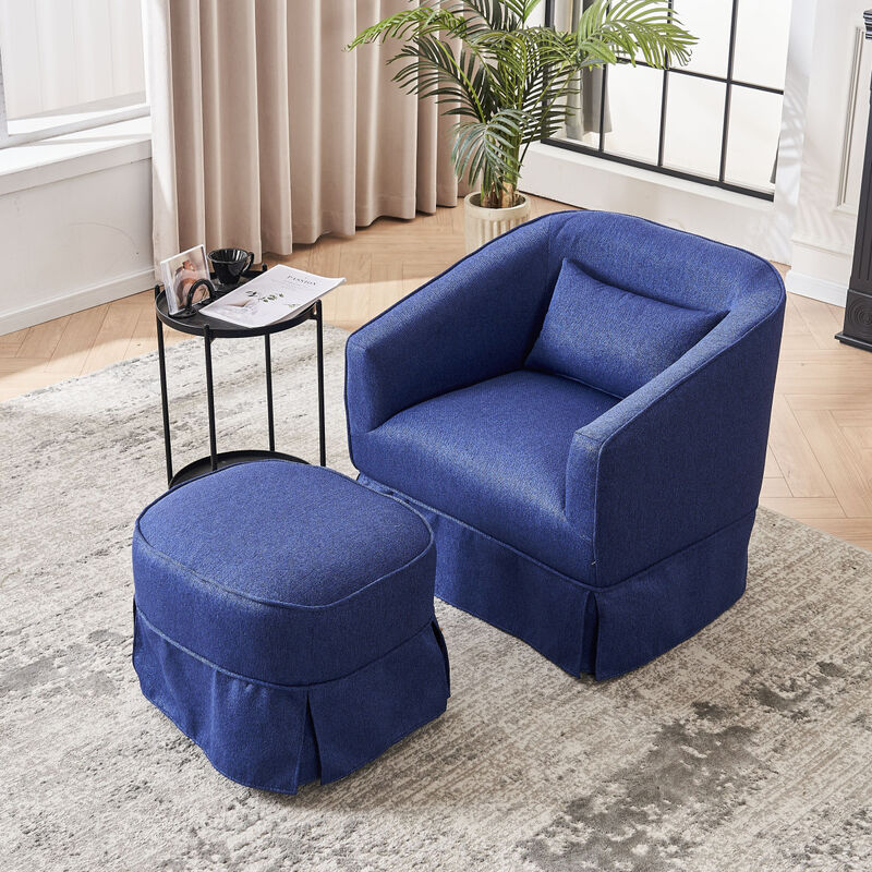 Blue Swivel Barrel Chair Set with Ottoman & Metal Base