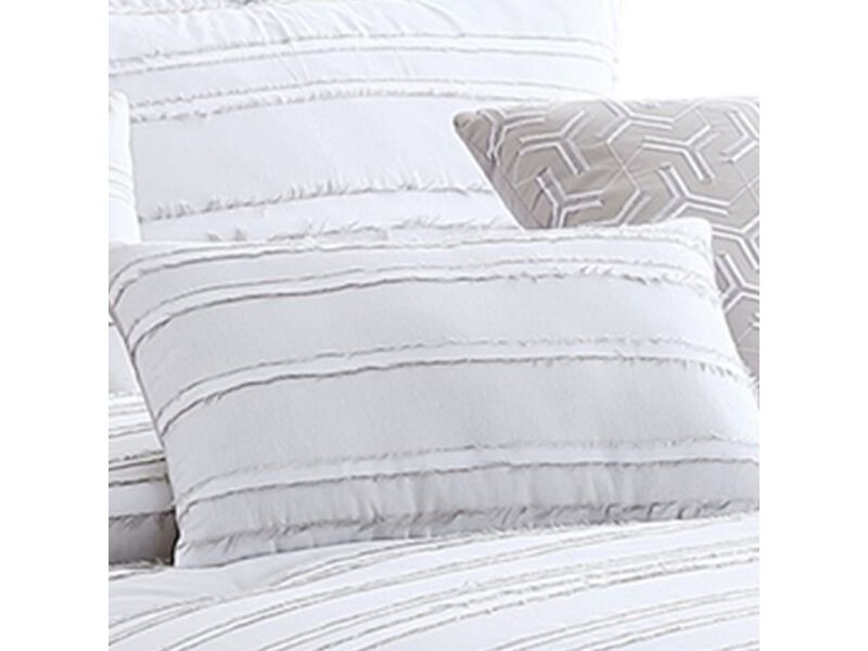 6 Piece King Cotton Comforter Set with Frayed Edges, White and Gray - Benzara