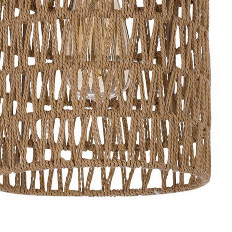 8 Inch Dia. Pendant Ceiling Light Fixture, Rope Woven Shade, Brown, Chrome-Benzara