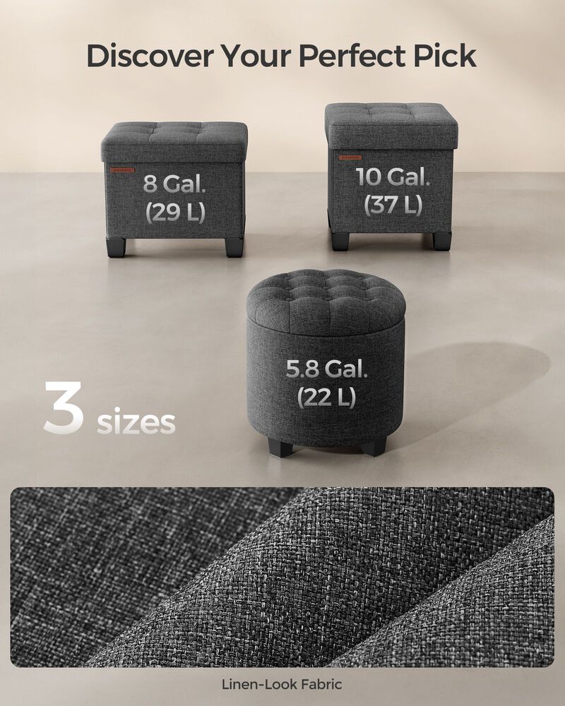 Linen Fabric Storage Ottoman Bench - Dark Gray Footstool with Foam Padded Seat and Solid Wood Legs