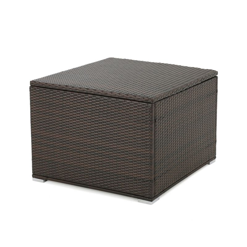 Sanie Outdoor Storage Chest, Square 34 Inch, Brown PE Rattan, Iron - Benzara
