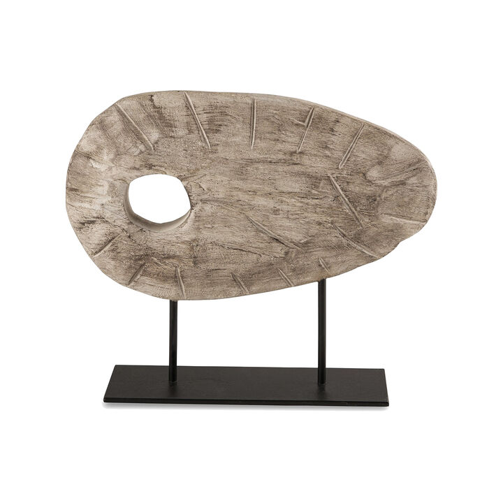 Bena Decorative Sculpture, Antique White Wood, Black Metal Base, 17 Inch - Benzara
