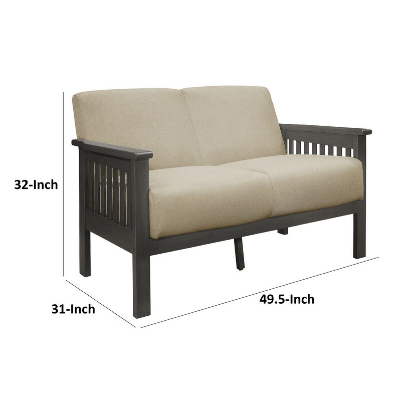 Wiston 50 Inch Loveseat, Beige Polyester, Dark Gray Solid Rubberwood - Benzara