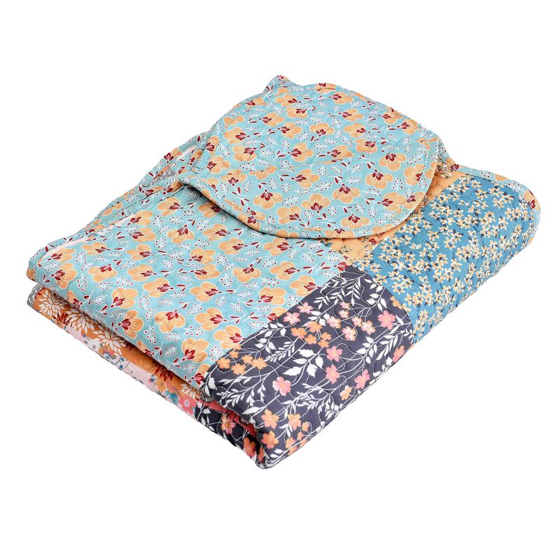 Turin 60 Inch Throw Blanket, Microfiber, Patchwork Floral Print, Multicolor-Benzara