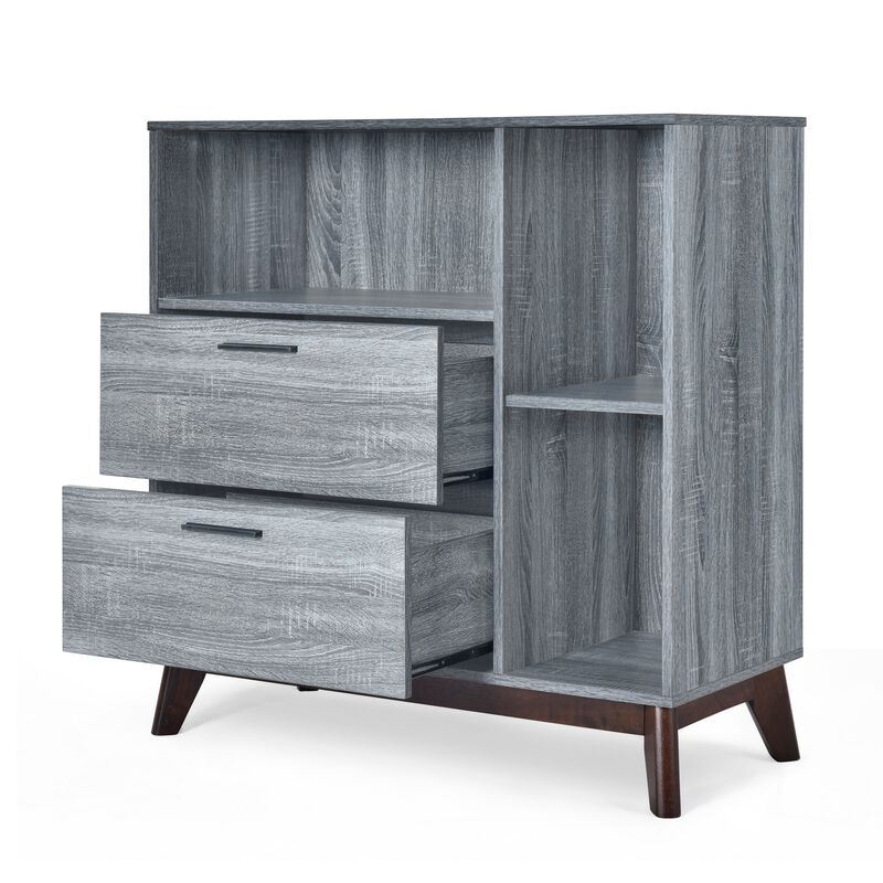 Side Cabinet, Open Square Shelves, 2 Drawer, 38 Inch Gray Faux Wood - Benzara