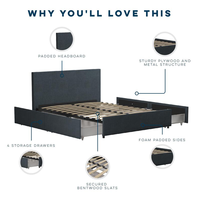 Novogratz Kelly Upholstered Bed with Storage Drawers