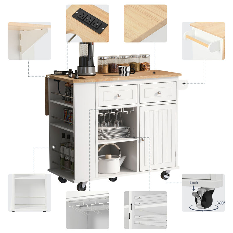 Streamdale Kitchen Island with Power Outlet and Drop Leaf, White