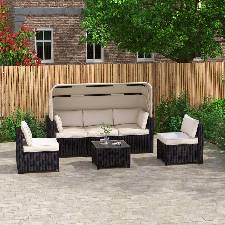 Mondawe 6 Pieces Patio Furniture Sets, Outdoor Rattan Daybed with Retractable Canopy, Outdoor Sectional Sofa Set with Adjustable Backrest, Chaise Chair Sunbed for Garden Poolside Backyard
