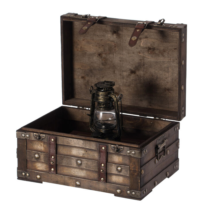 Wooden Brown Storage Trunk with Faux Leather Straps and Handles, Small