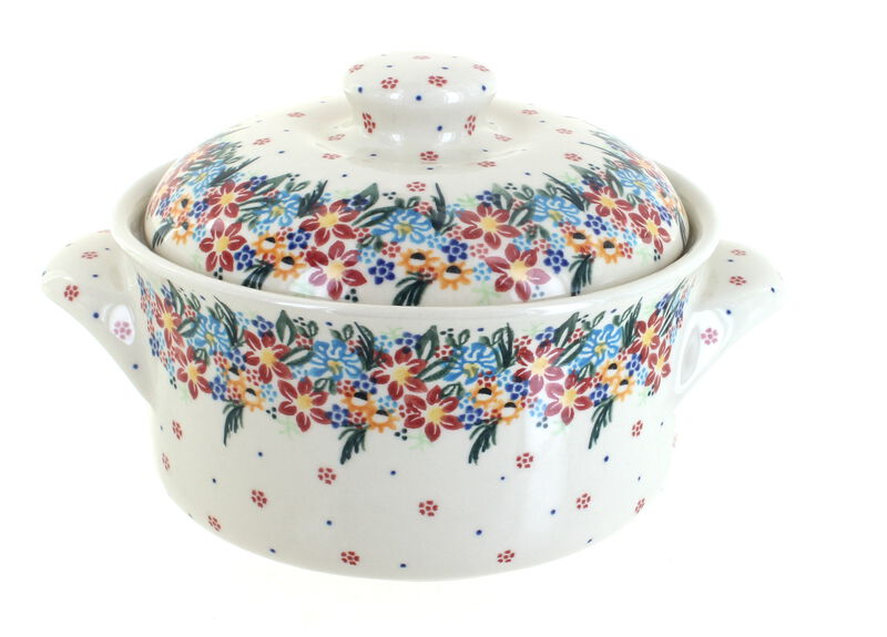 Blue Rose Polish Pottery Spring Blossom Round Baker with Lid