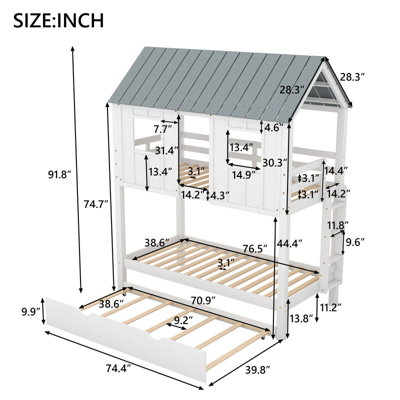 House Bunk Bed With Trundle, Roof And Windows Twin
