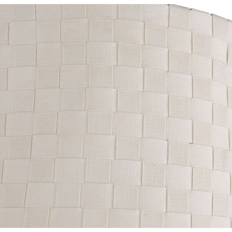 Nek 66 Inch Floor Lamp, Basketweave Drum Shade, Ivory Fabric, Gold Metal - Benzara