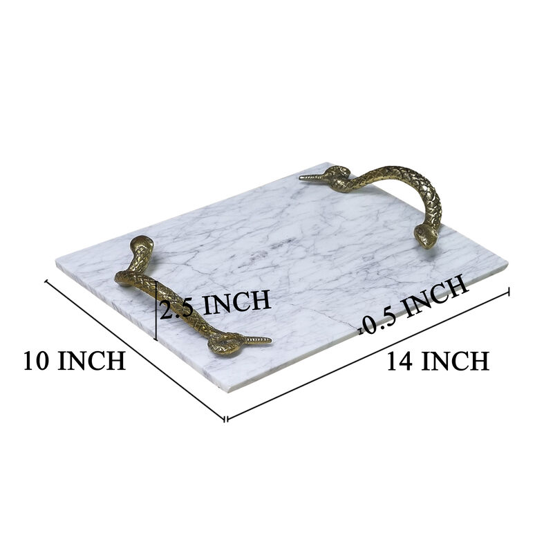 Mamba White Marble Decorative Serving Tray with Brass Snake Handles - Benzara