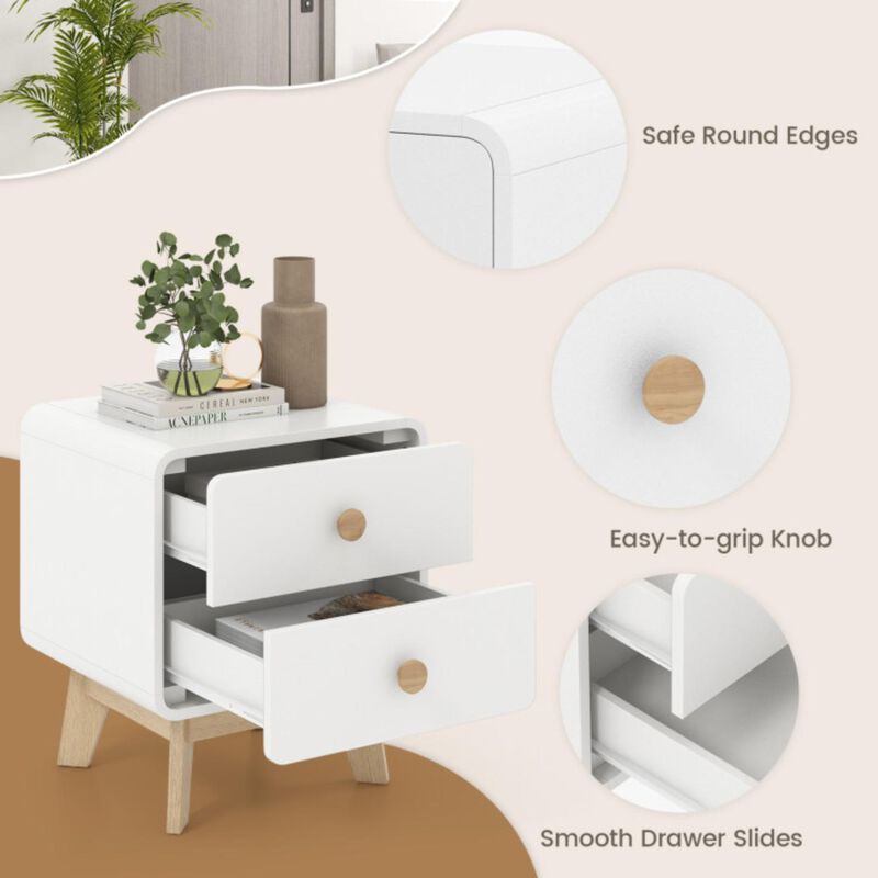 Hivvago Nightstand with 2 Drawers Solid Rubber Wood Legs