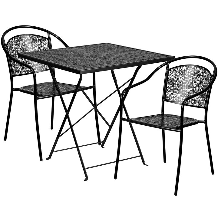 Flash Furniture Oia Commercial Grade 28" Square Coral Indoor-Outdoor Steel Folding Patio Table Set with 2 Round Back Chairs
