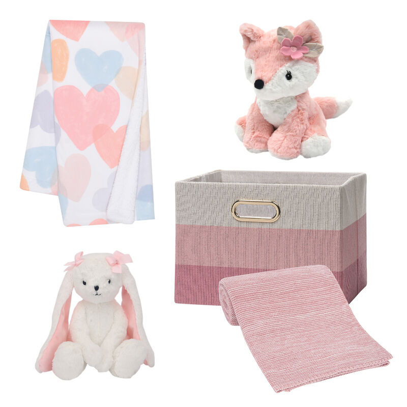 Lambs & Ivy Pink/White 5-Piece Luxury Infant / Newborn / Baby Gift Basket