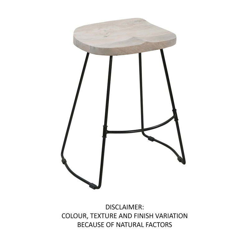 Tiva 24 Inch Handcrafted Backless Counter Height Stool, Whitewashed Mango Wood Saddle Seat, Black Metal Base-Benzara