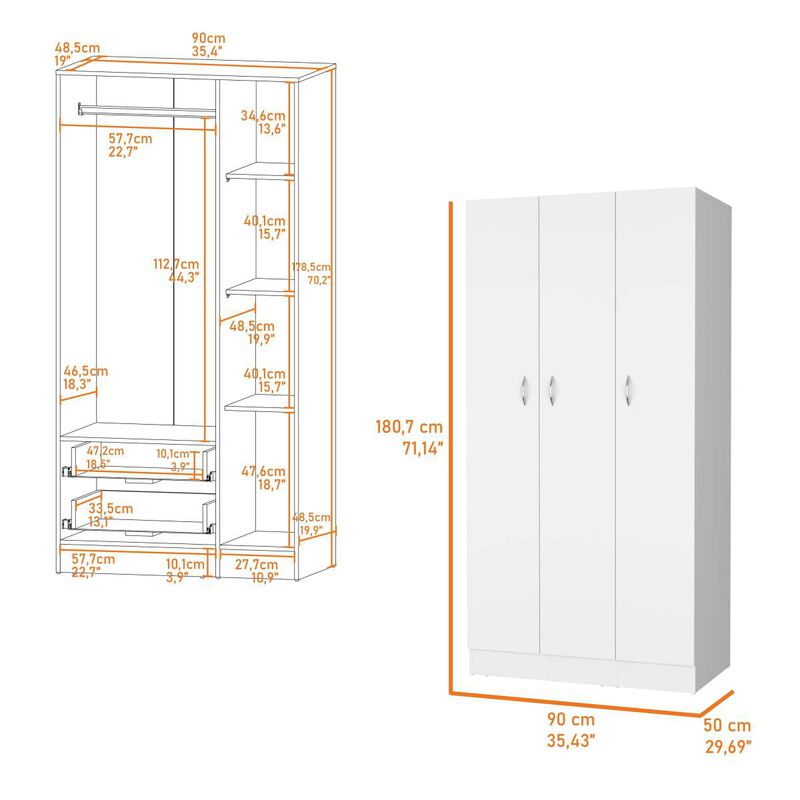 Augusta 3-Door Wardrobe With Hanging Rod White
