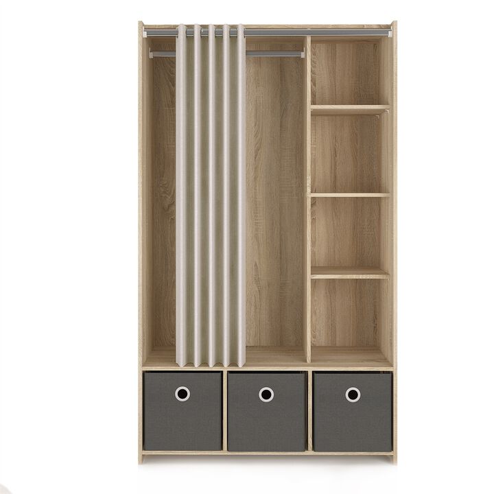 Tvilum Lola 3 Bin Wardrobe with Curtain, Oak Structure/Natural Fabric/Grey Textile