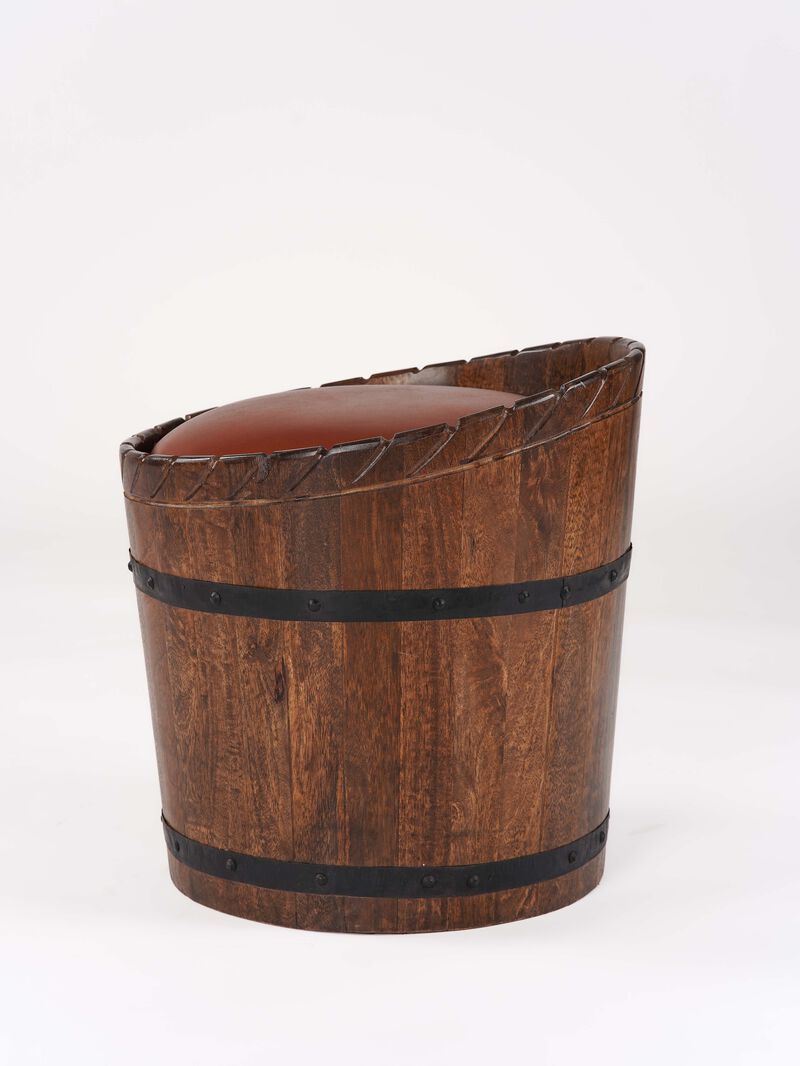 Handmade Eco-Friendly Geometric Buffalo Leather & Wood Brown Round Ottomon 18"x18"x18" From BBH Homes