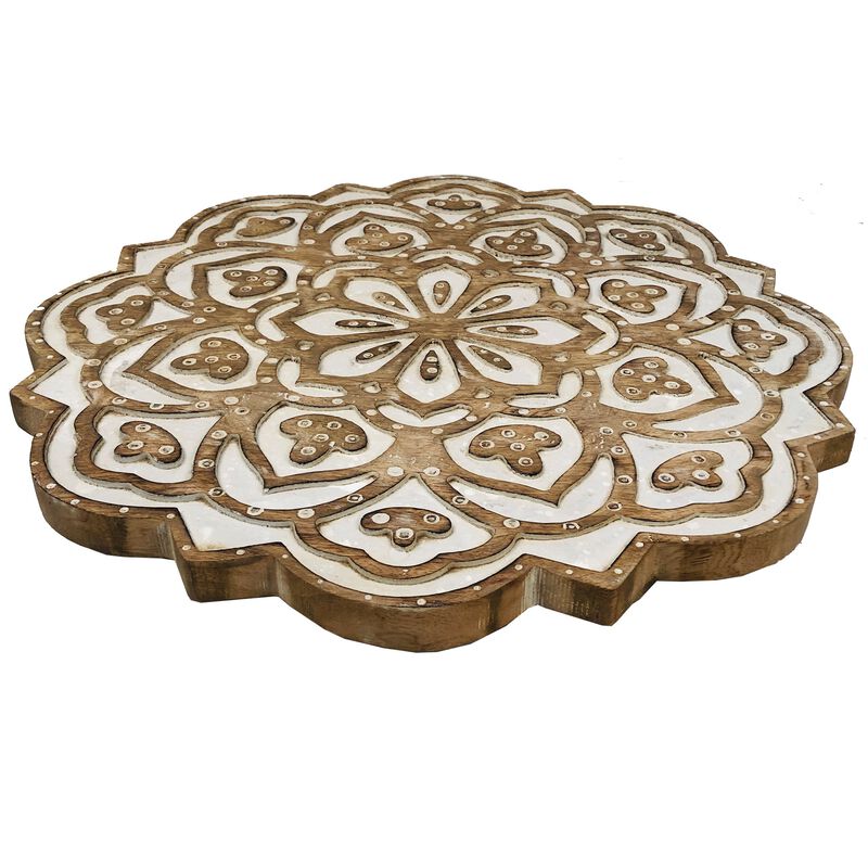 18 Inch Handcrafted Mango Wood Side End Table, Floral Carved Top, Tripod Base, Antique Brown, White-Benzara