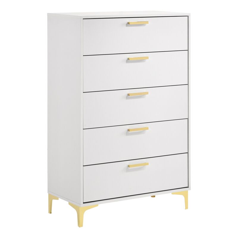 Lif 50 Inch Modern 5 Drawer Tall Dresser Chest, Gold Accents, Smooth White-Benzara