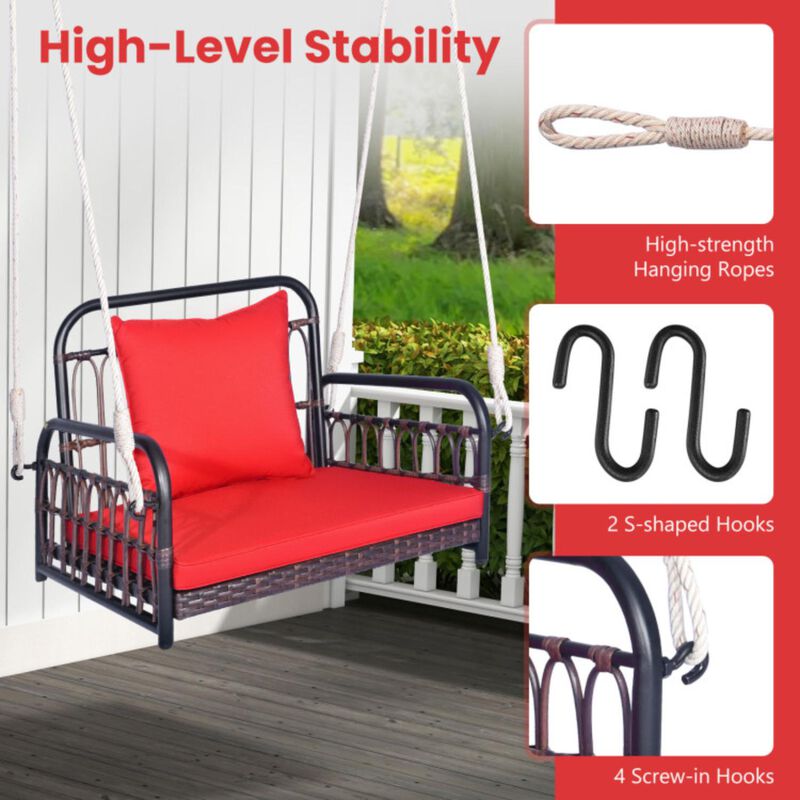 Hivvago Patio Rattan Porch Swing Hammock Chair with Seat Cushion-Red