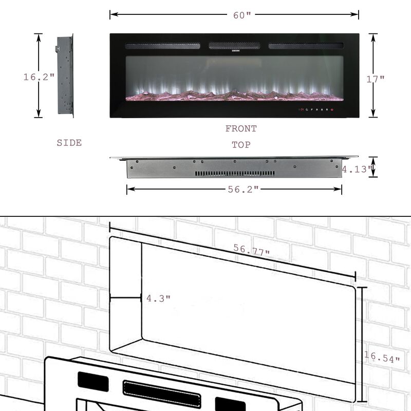 Black 60 in. Wall-Mounted Electric Fireplace with Logs & Crystals, Remote 1500/750W
