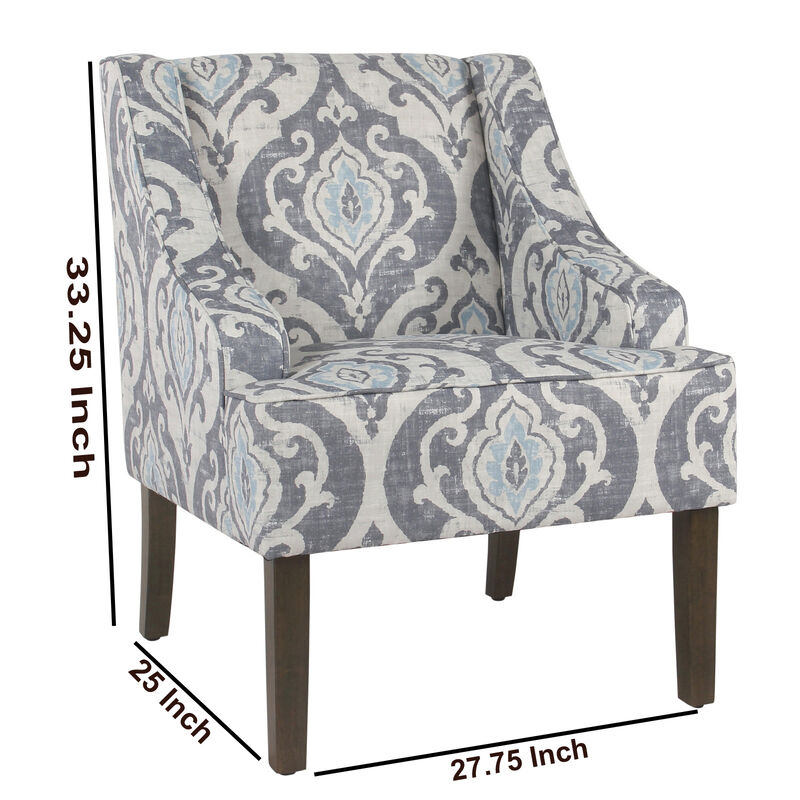 Fabric Upholstered Wooden Accent Chair with Swooping Armrests and Damask Pattern Design, Multicolor - Benzara