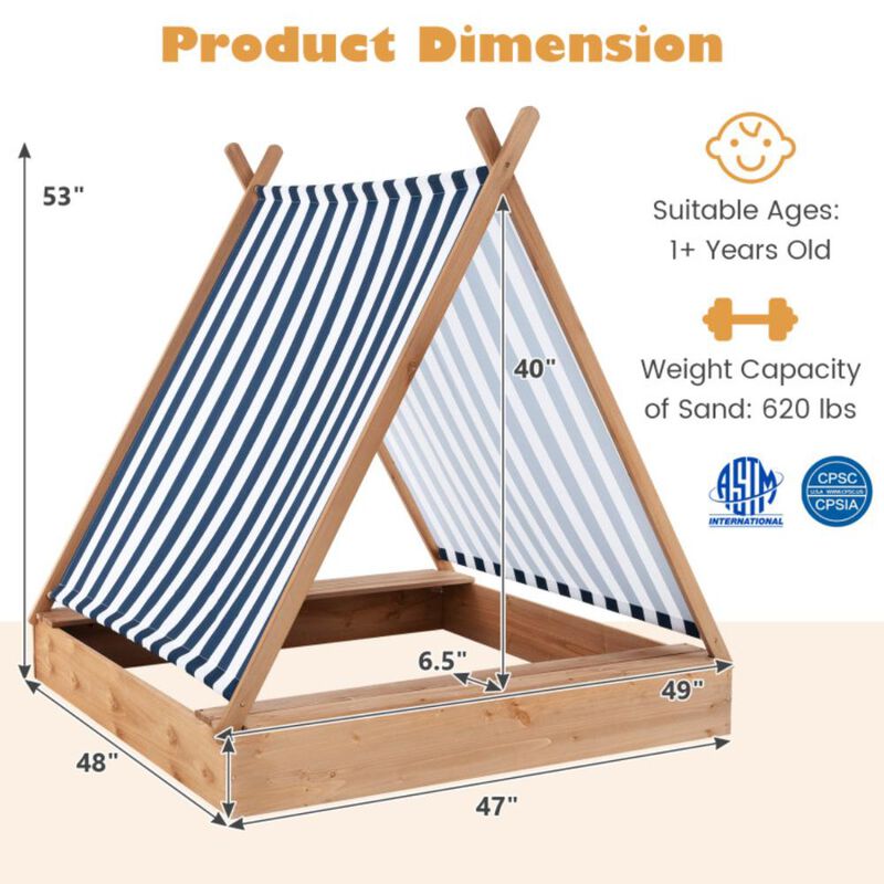 Hivvago 49 x 48 Inch Kids Wooden Sandbox with Cover and 2 Bench Seats