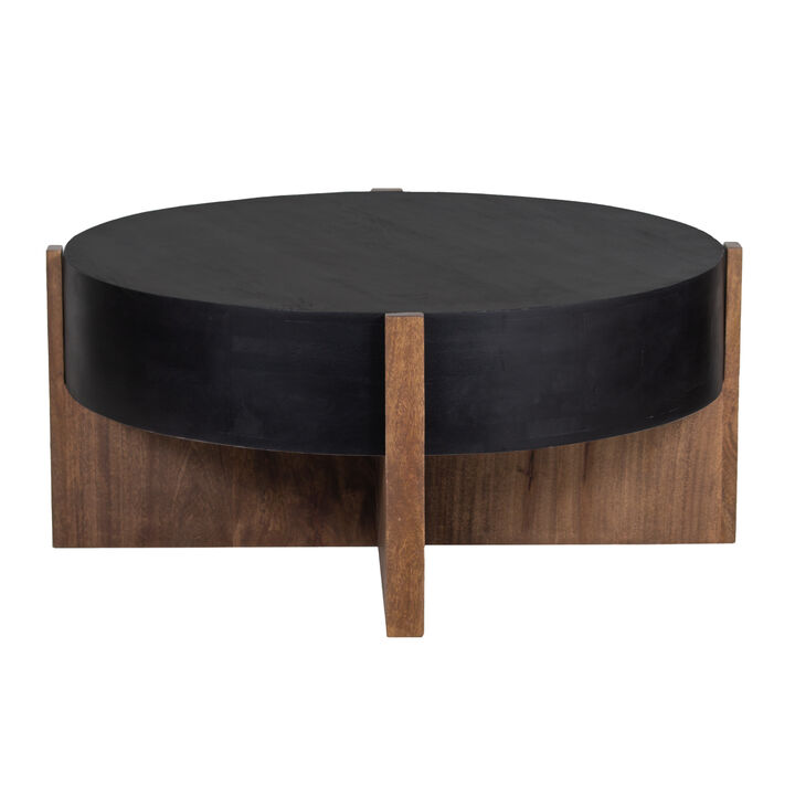 Naufe Coffee Table, 41 Inch Round Matte Black Top, Brown Cross Panel Legs, Mango Wood Frame