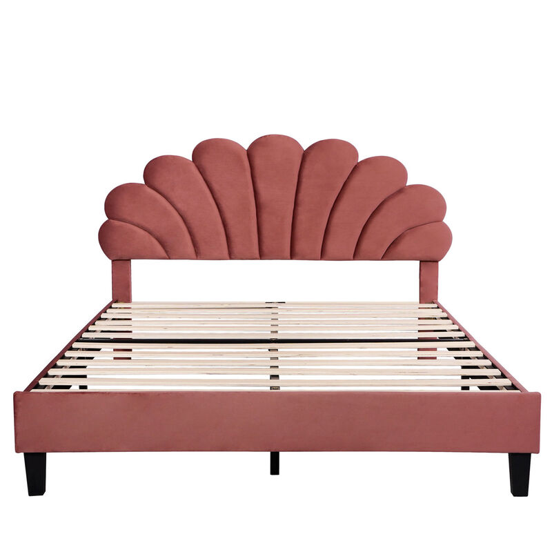 Queen Size Upholstered Platform Bed With Flower Pattern Velvet Headboard, Bean Paste