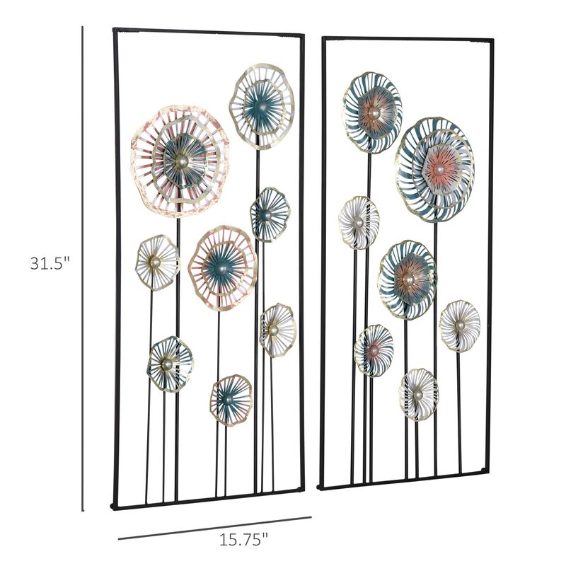 Blue/Silver/Gold Decor: 3D Metal Wall Art Set with Modern Flower Design