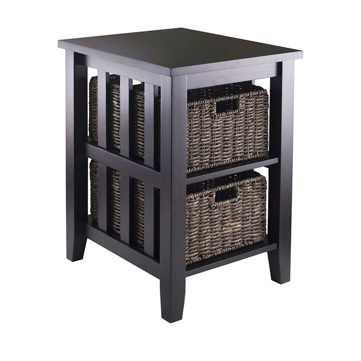 Hivvago Espresso 3 Tier Bookcase Shelf Accent Table with 2 Small Storage Baskets