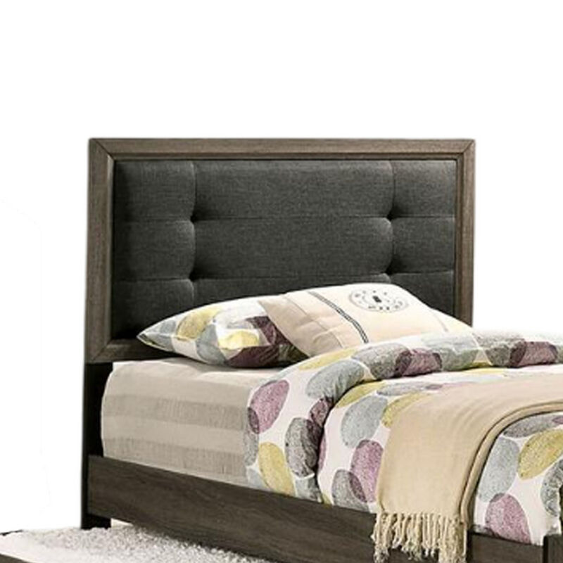 Meli Full Size Bed, Tufted Fabric Upholstery, Dark Gray Solid Wood - Benzara