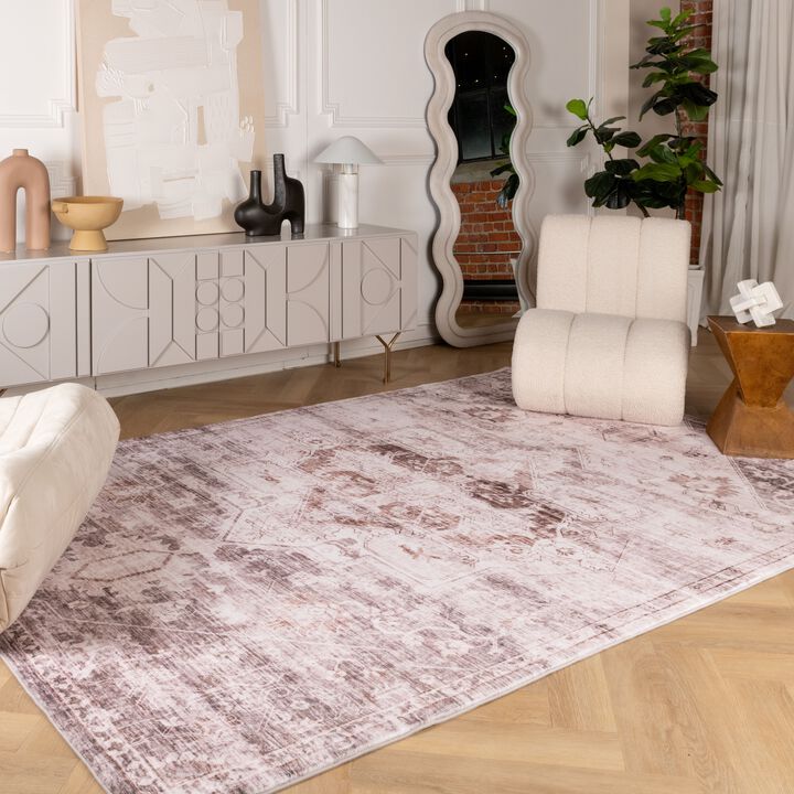 Aruba Vintage Traditional Distressed Brown Cream Indoor Soft Area Rug