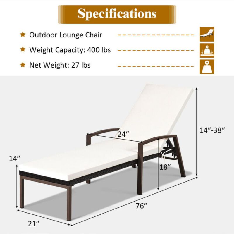 Hivvago 2 Pieces Patio Rattan Adjustable Back Lounge Chair with Armrest and Removable Cushions