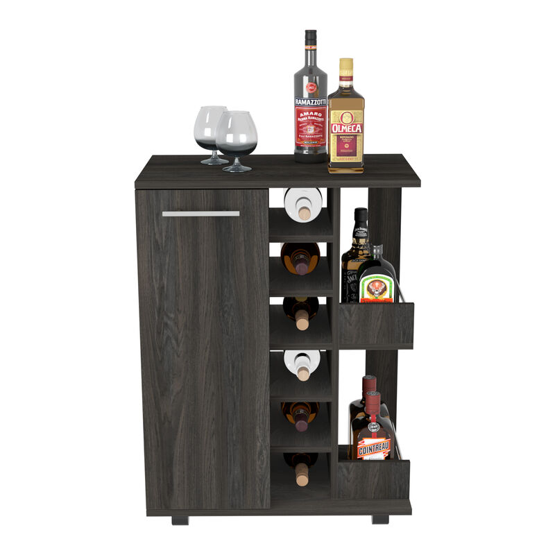 DEPOT E-SHOP Magda Bar Cart, Four Casters, Six Built-in Wine Rack, Single Door Cabinet, Two External Shelves, Carbon Espresso