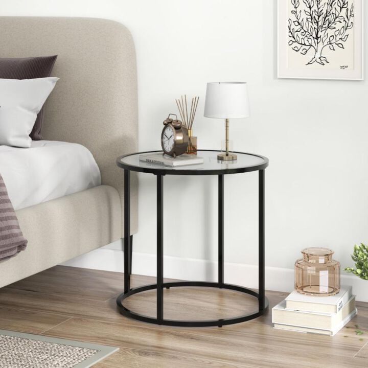 Hivvago 20 Inch Glass End Table with Metal Frame and Faux Marble Glass Top